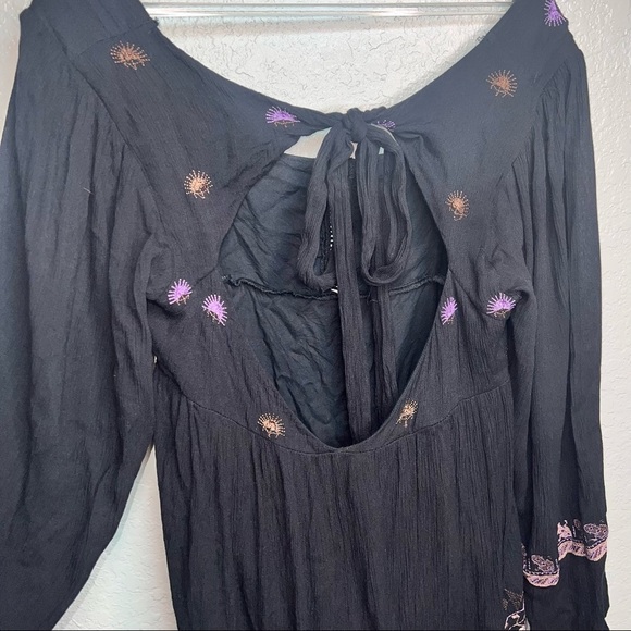 Free People Rhiannon Embroidered Babydoll Black Open Back Long Sleeve Dress - Picture 10 of 12